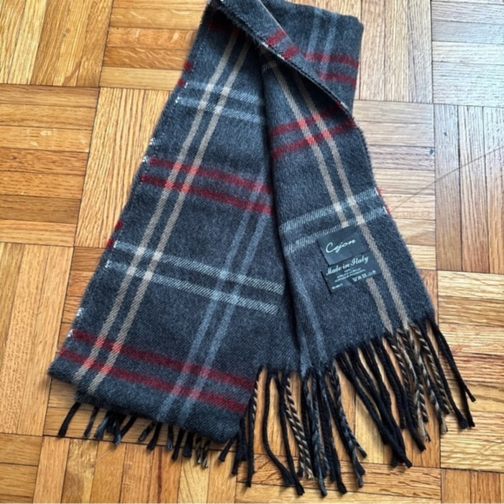 🔴 Cejon‎ Italian Scarf Soft Acrylic Gray Red Plaid Fringe 11x64 Made In Italy